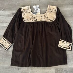 Sister Mary XS Norma Women’s Top Brown Cream 100% Cotton Embroidered NWT